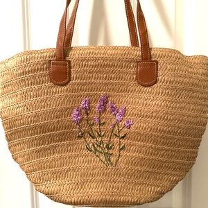 Embroidered Straw Tote Bag with Brown Handles